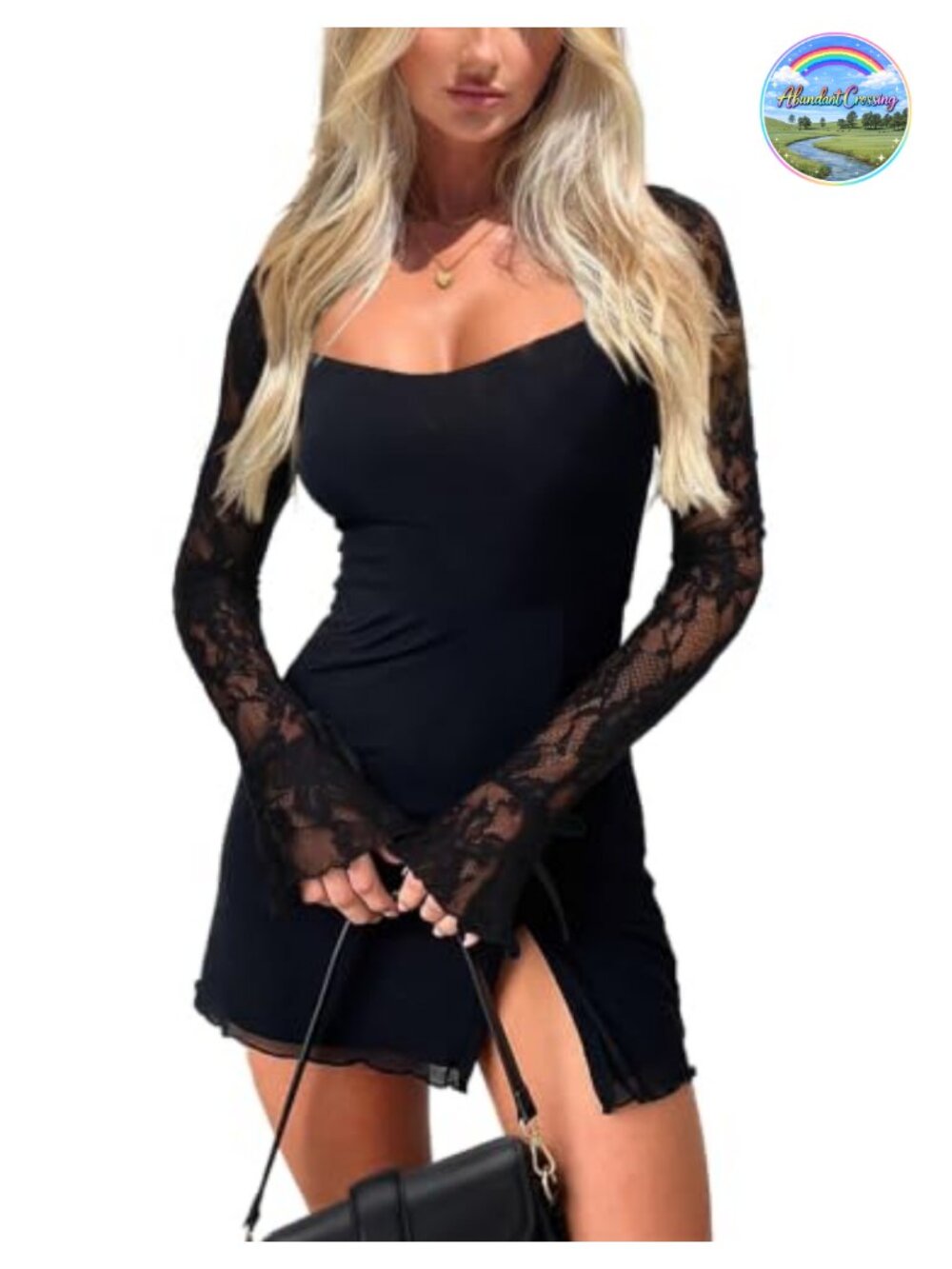 Women's Mesh Long Sleeve Square Neck Split Hem Bodycon Mini Dress Party Club